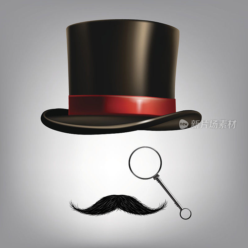 绅士配饰:帽筒、单片眼镜、小胡子。矢量插图。