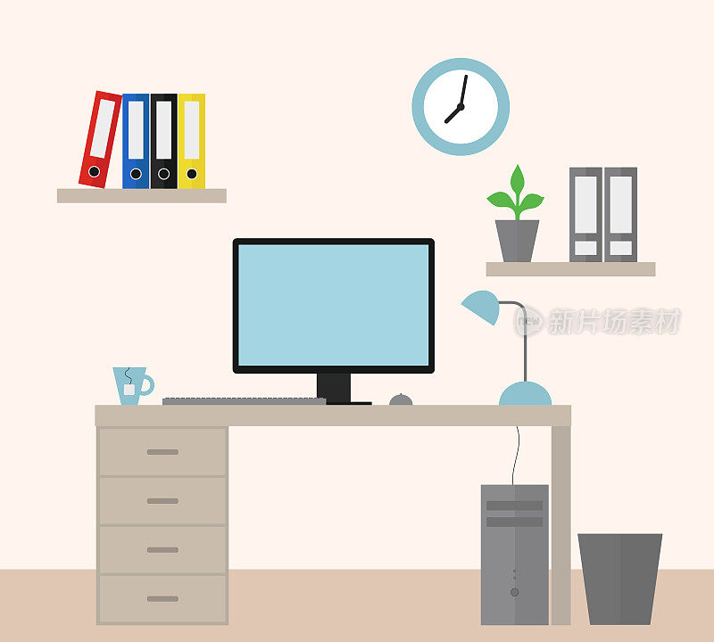 矢量插图办公室与设备作为一份工作的经理-单位设计
