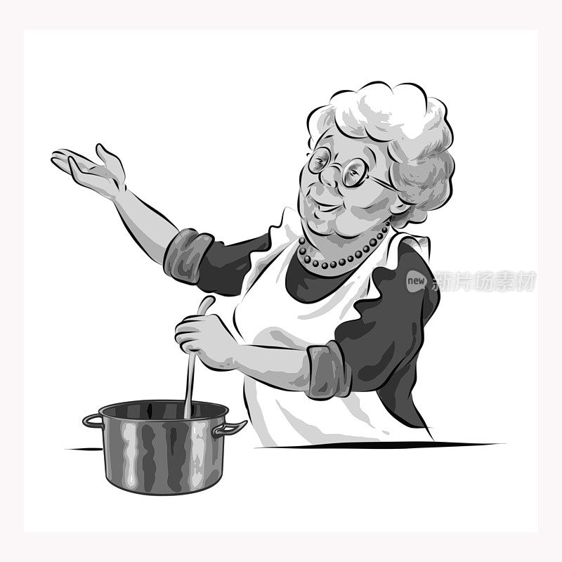 老女人用锅和勺煮汤