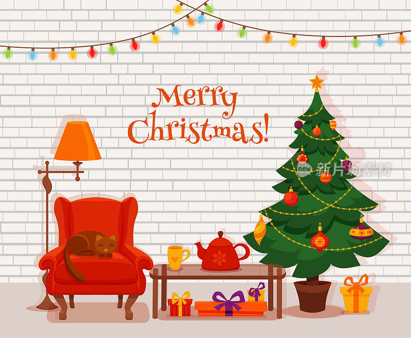 圣诞房内饰以彩色卡通扁平风格。冷杉树、礼品、摆设、扶手椅、灯落地灯、茶几配茶壶杯。舒适的noel圣诞夜庆祝矢量插图。