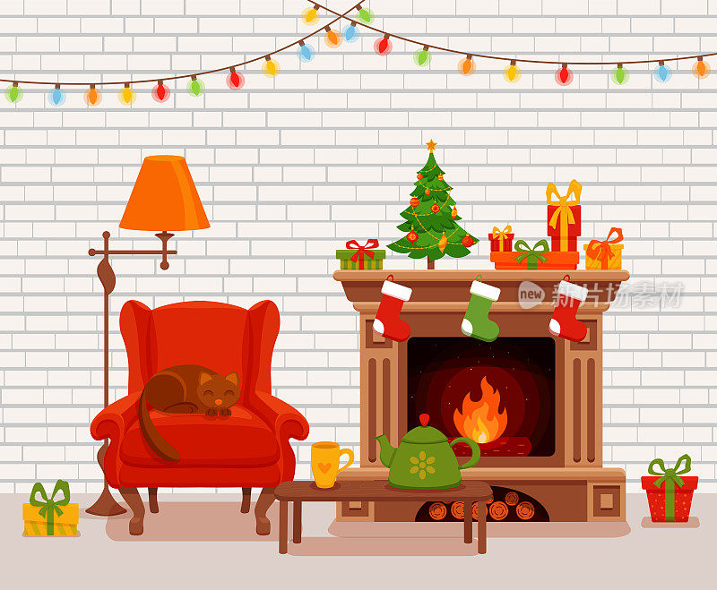 圣诞房内饰以彩色卡通扁平风格。