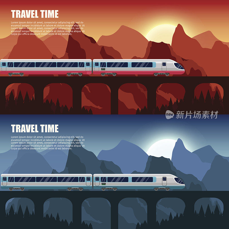 户外旅游列车与山桥矢量彩色横幅旅游横幅设置。
