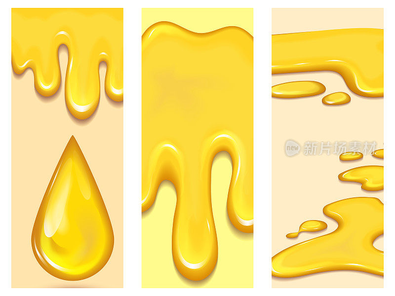 一套橙色蜂蜜滴剥皮者小册子和黄色飞溅卡健康糖浆金色食品液体滴矢量插图