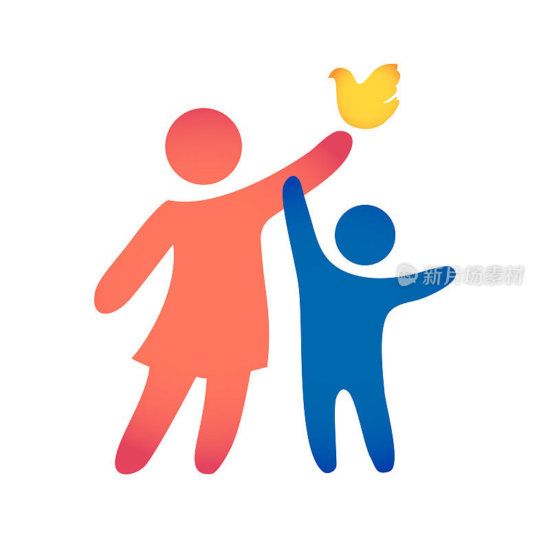 幸福家庭的图标在简单的数字多色。妈妈和儿子站在一起。向量可以用作标识类型。