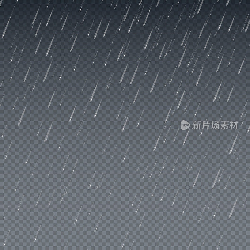 雨向量壁纸。下落水滴孤立矢量插图。下雨的天空背景