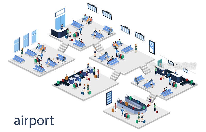 等距三维矢量图将人们带着行李在机场等待飞机