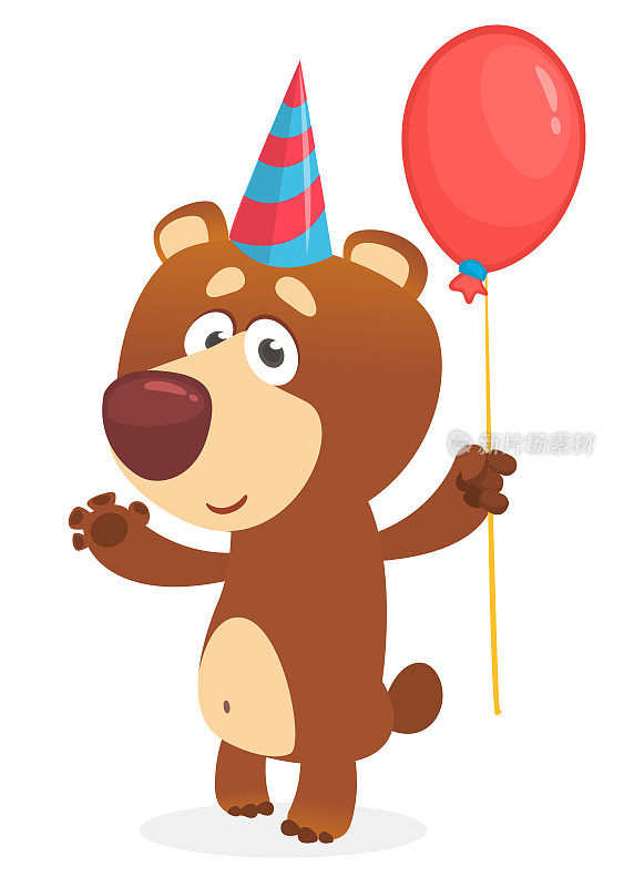 卡通可爱的熊拿着一个红色的气球。矢量插图。用于聚会装饰或印刷的设计