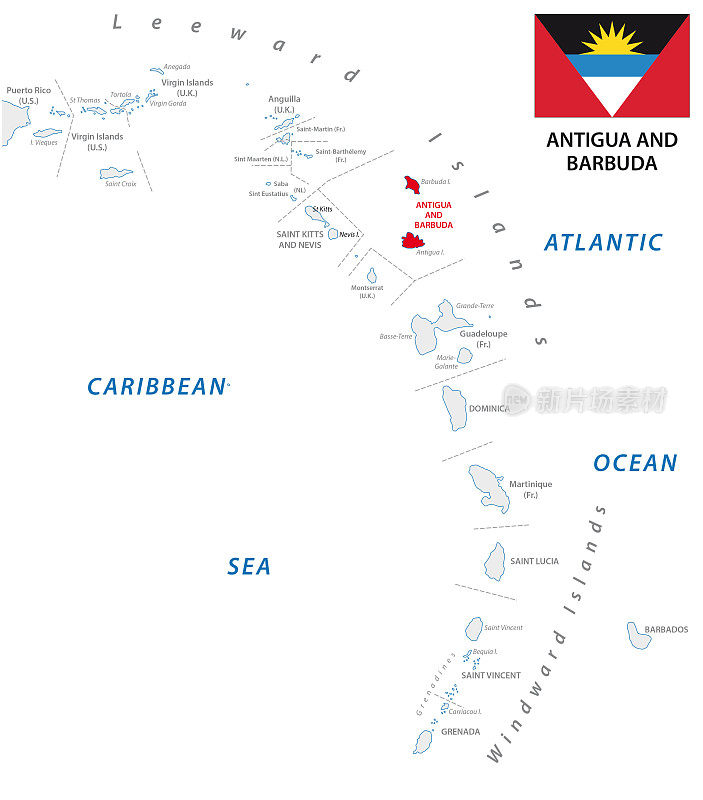 带有安提瓜和巴布达的小安的列斯群岛轮廓地图