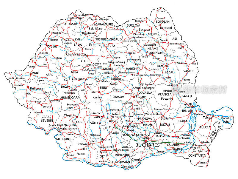 罗马尼亚公路地图。矢量插图。