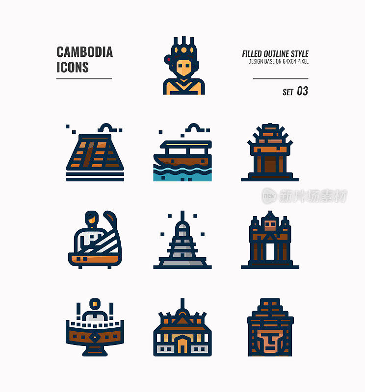 柬埔寨图标设置3。包括地标、音乐、人物、文化等等。填充轮廓图标设计。矢量图