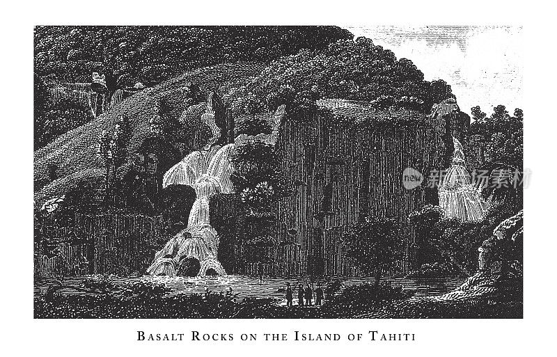 大溪地岛上的玄武岩、森林、湖泊、洞穴和奇特的岩层雕刻古董插图，出版于1851年