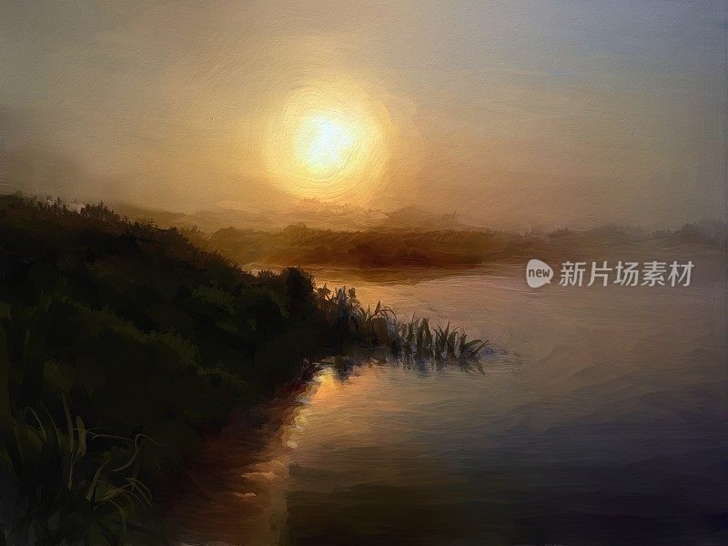 夏天有雾的早晨，油画