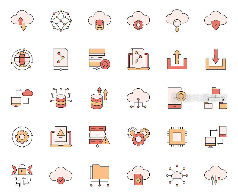 云技术相关的矢量线图标的简单设置。大纲符号集合。
