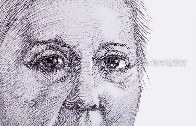 时尚复古插图寓言老年艺术作品铅笔画印象派原始水平象征性肖像脸悲伤的样子老妇人在白纸背景