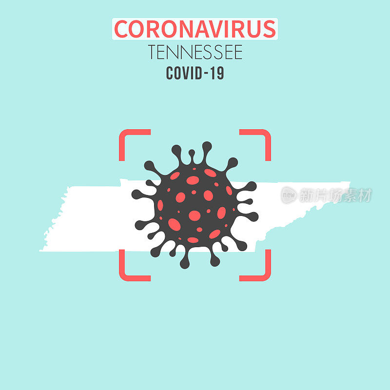 田纳西州地图，红色取景器中有冠状病毒细胞(COVID-19)