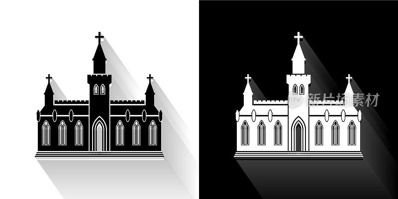 教堂建筑黑色和白色与长影子的图标