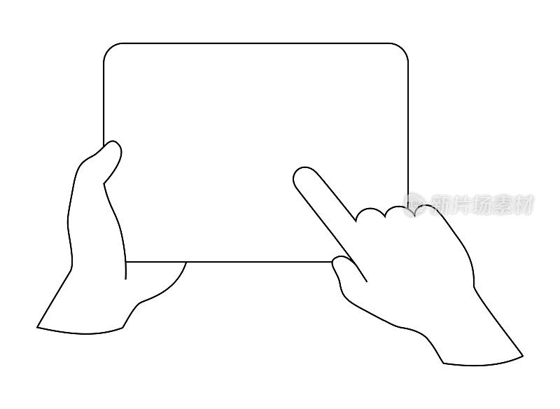 手拿着平板电脑。轮廓线。白空屏幕。矢量插图标签在手。模板