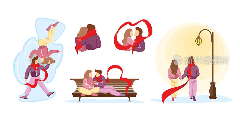 年轻幸福的情侣在一起度过时间在各种各样的冬季关系场景。男人和女人在浪漫的约会中。向量男性和女性行走，拥抱和亲吻在公园