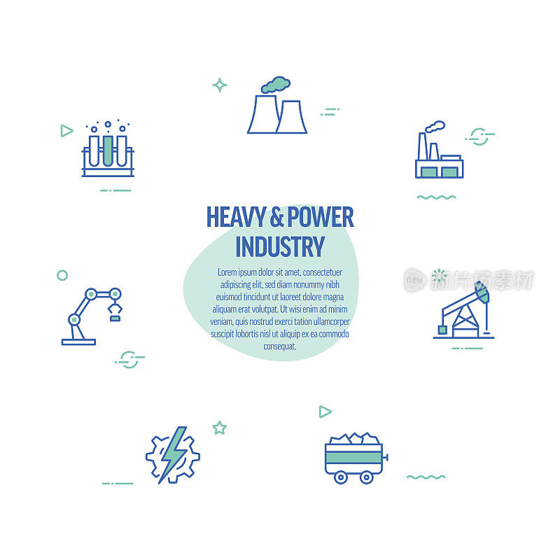重工业和电力行业相关的线路图标。现代线条风格设计元素。