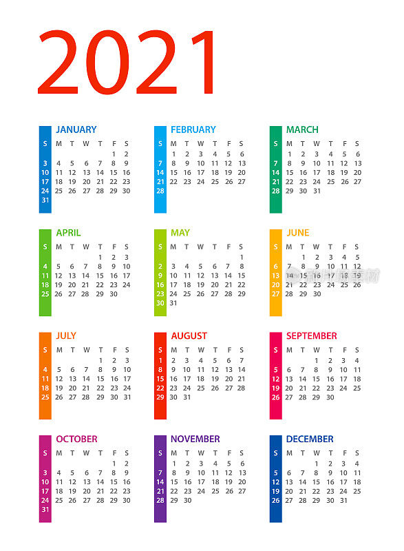 日历2021垂直彩色矢量插图。一周从周日开始
