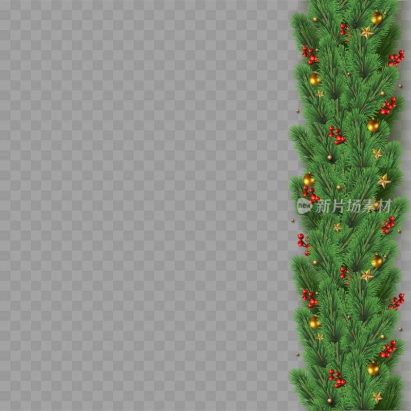 圣诞树的树枝装饰在透明的背景上。向量。