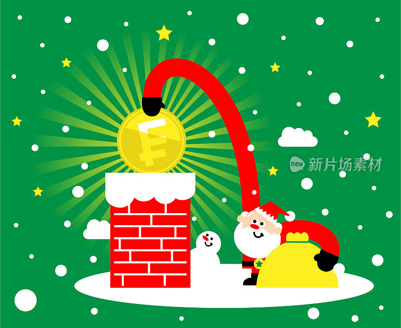 可爱的圣诞老人正把法郎标志硬币(法国或瑞士货币)放进烟囱;圣诞快乐，并寄上新年贺卡