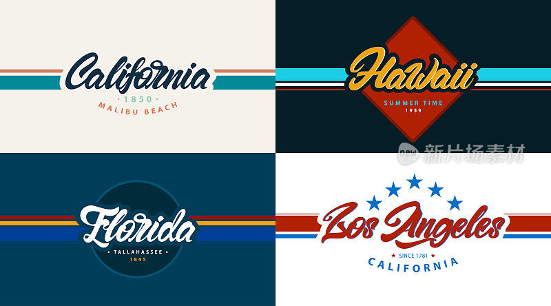 城市标语印刷，大学风格与字母。加利福尼亚，夏威夷，佛罗里达，洛杉矶。矢量插图大学，图形的t恤。