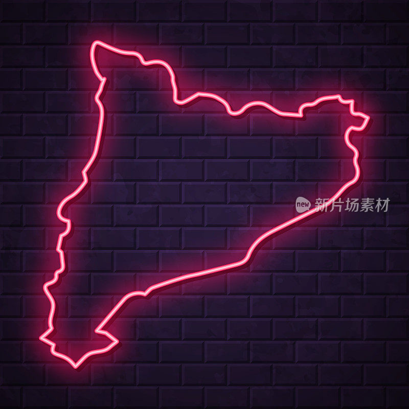 加泰罗尼亚地图-砖墙背景上发光的霓虹灯