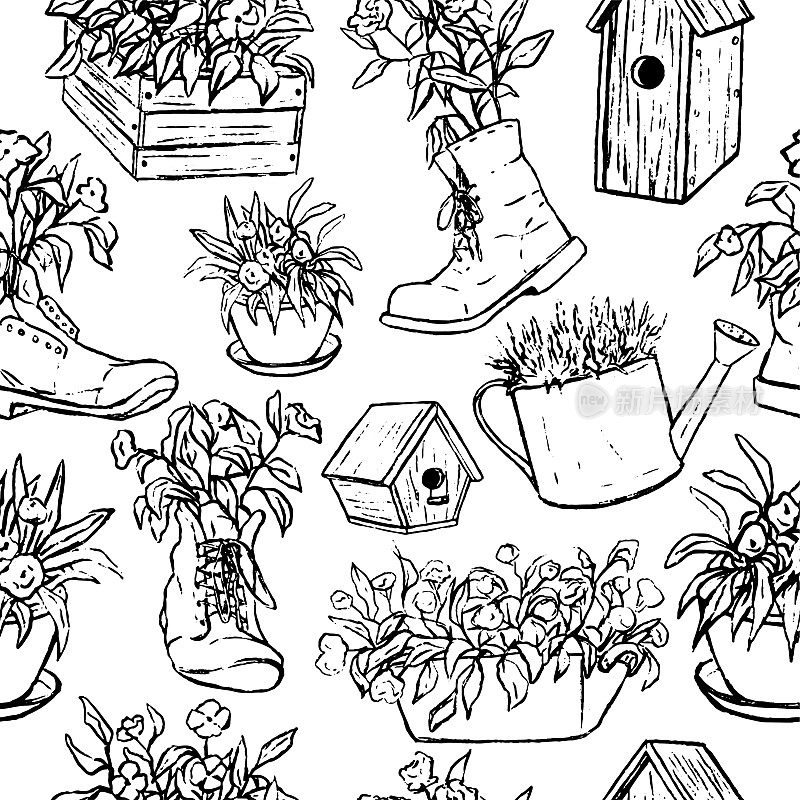 复古矢量无缝模式。奇特的花盆和木鸟屋的草图。手绘花园背景。黑色轮廓植物墙纸。用于纺织、纸张、印刷品、包装。
