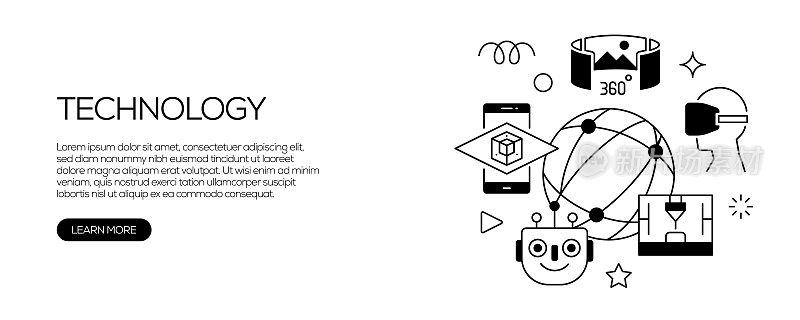 技术与创新相关的网页横幅线条风格。现代线性设计矢量插图的网站横幅，网站标题等。