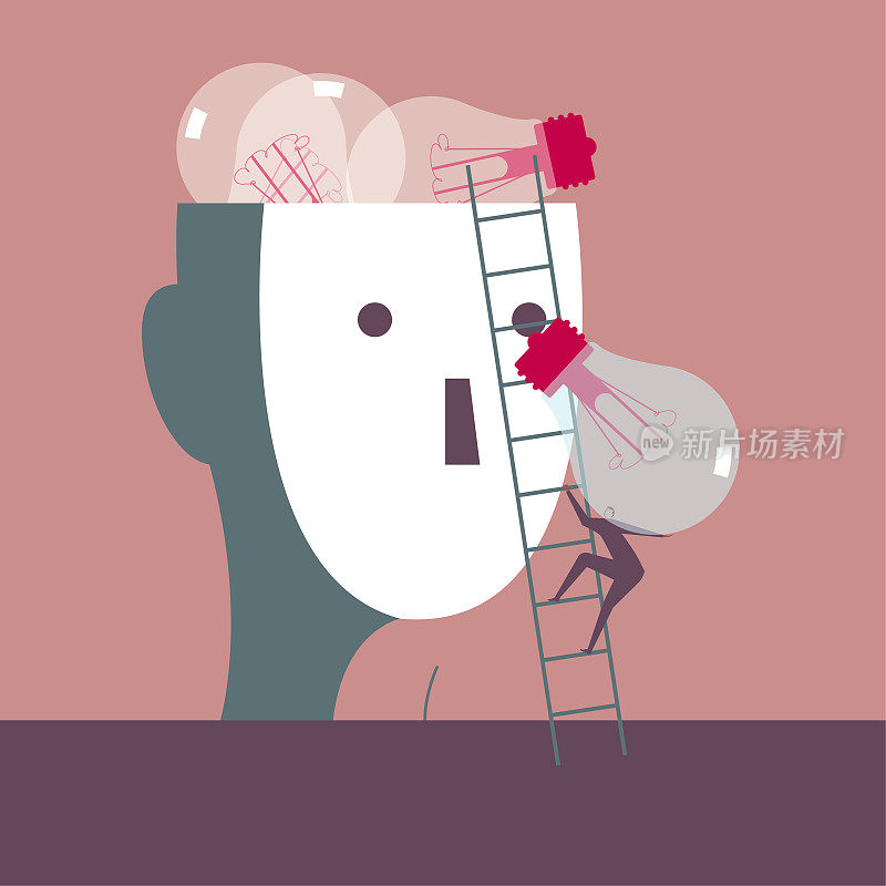 一个商人爬上梯子,把灯泡举到头上。