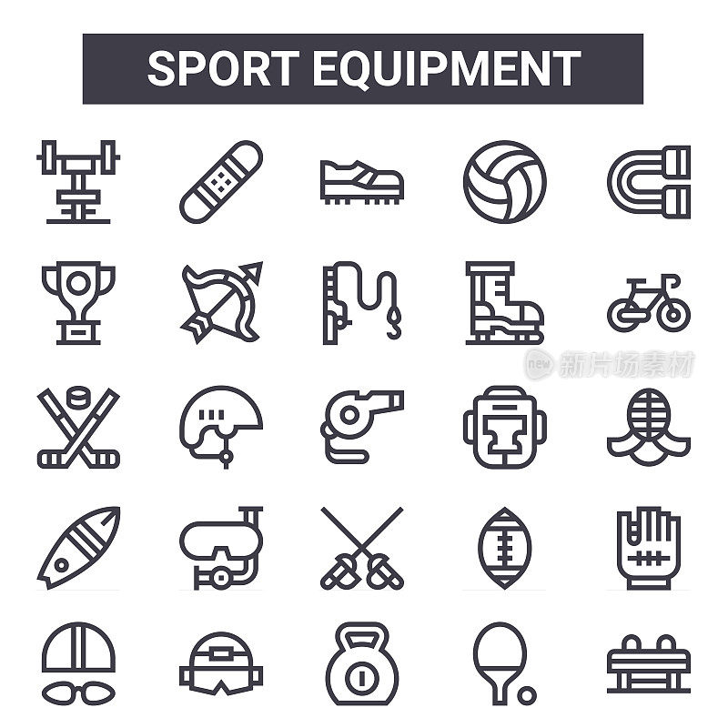 运动设备轮廓图标集。包括健身房、奖杯、拳击头盔、美式足球、乒乓球、足球鞋、跳马、钓鱼等细线图标。可用于报告，