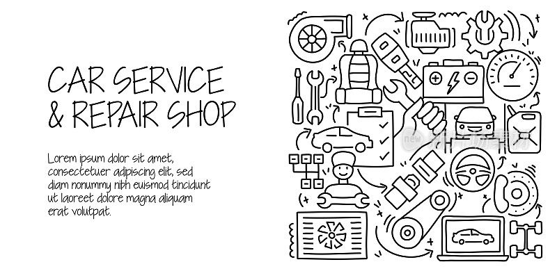 汽车服务和修理店相关的涂鸦插图。现代设计矢量插图的网页横幅,网站标题等。