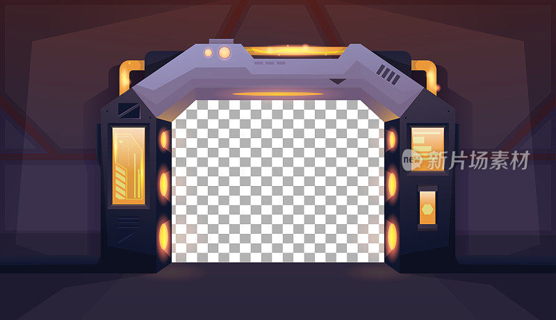 飞船打开门与透明的背景。有黄灯的走廊。游戏和移动应用的背景。矢量动画背景”n