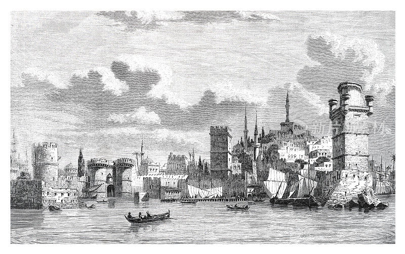 全景城市罗兹和海港希腊1862年