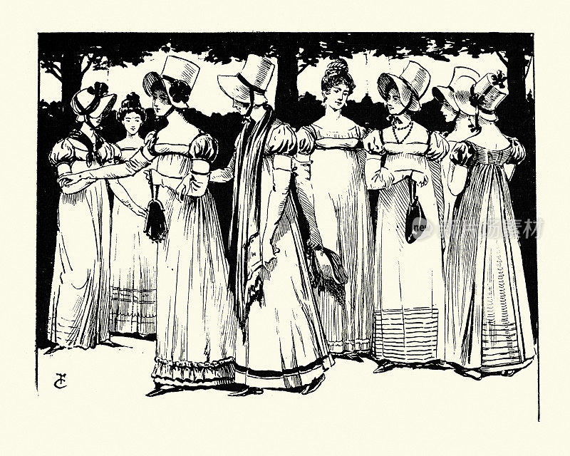 一群穿着高腰连衣裙的法国时尚女性，时尚的历史