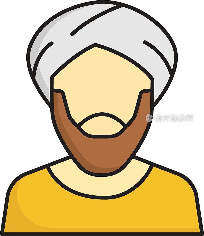阿拉伯胡子男人阿凡达概念矢量颜色图标设计，阿拉伯文化和传统符号的白色背景，伊斯兰和穆斯林的做法标志，老人戴头巾股票插图