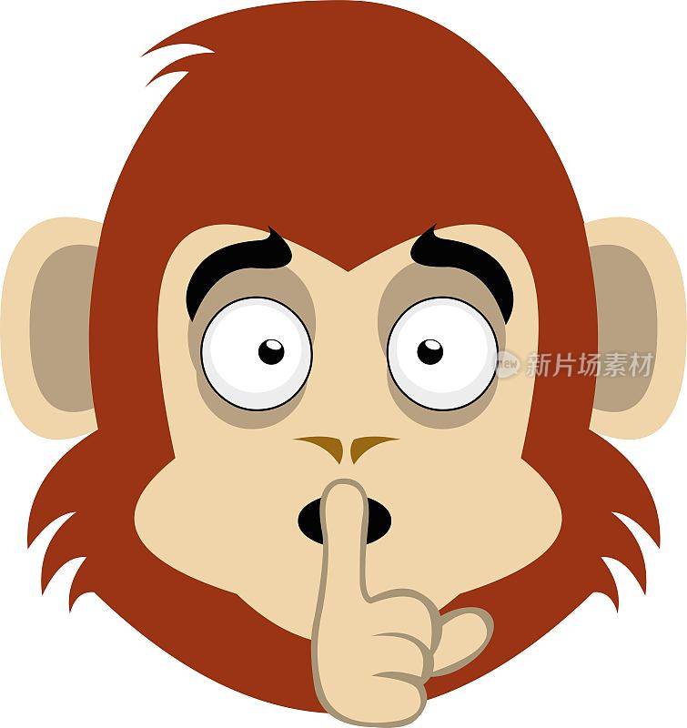 矢量表情插图卡通的猴子的头与他的手指在他的嘴唇，沉默的概念