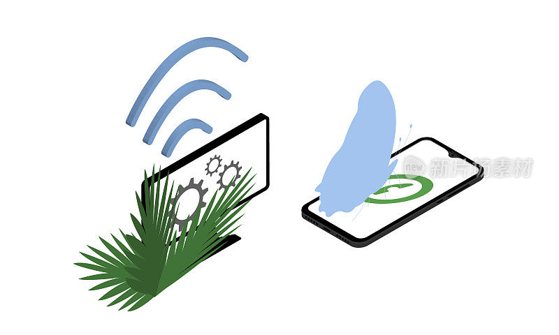 自然和科技一台有无线网络的电脑和一部有蝴蝶坐在上面的智能手机