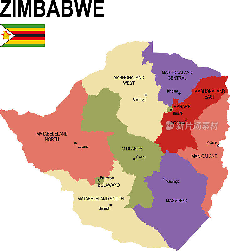 津巴布韦彩色平面地图与旗帜