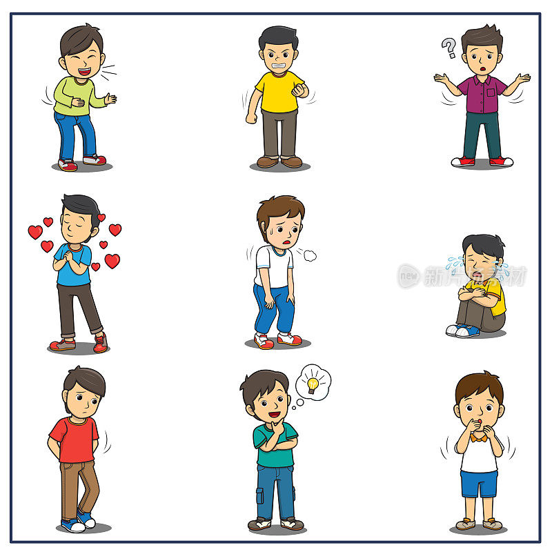 一套可爱的男孩显示不同的情绪股票插图，矢量插图为学前和家庭培训的父母和教师。