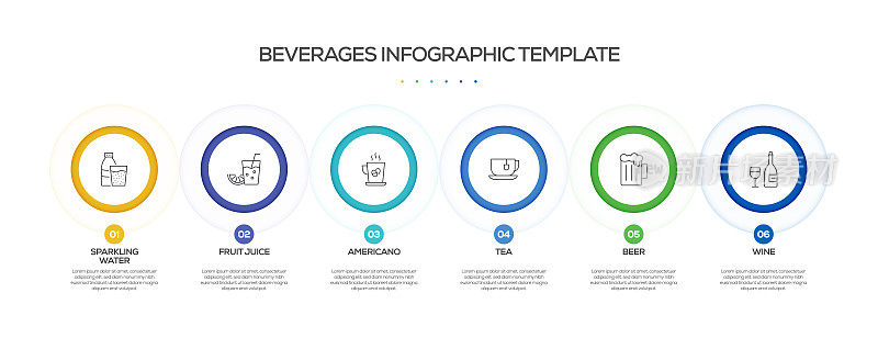 饮料相关流程信息图表模板。过程时间图。带有线性图标的工作流布局