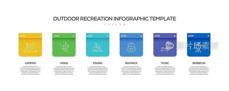 露营和户外娱乐相关的过程信息图表模板。过程时间图。带有线性图标的工作流布局