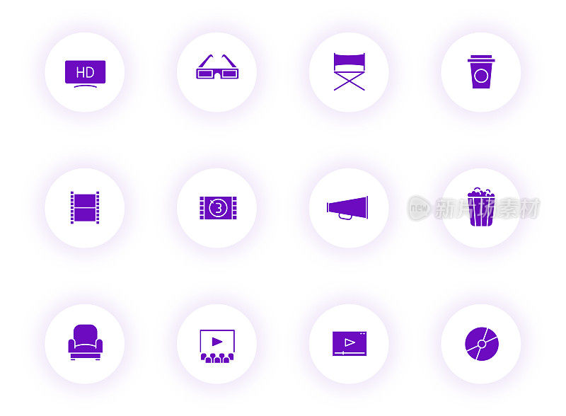 电影紫色的颜色向量图标上的光圆形按钮与紫色的阴影。电影图标设置为网络，移动应用程序，UI设计和打印