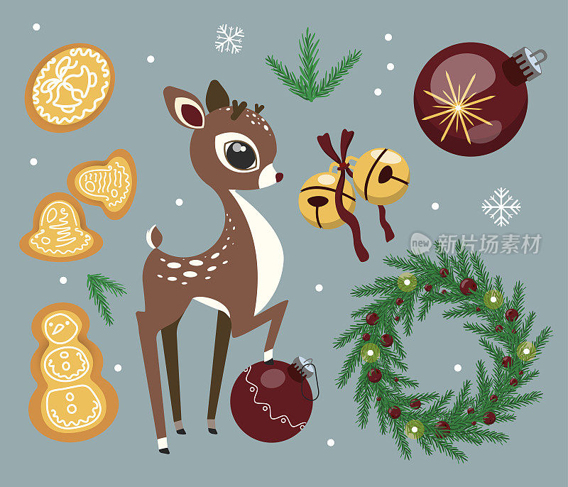 圣诞元素集。饼干，鹿，铃铛，球，花环，小树枝。矢量插图。