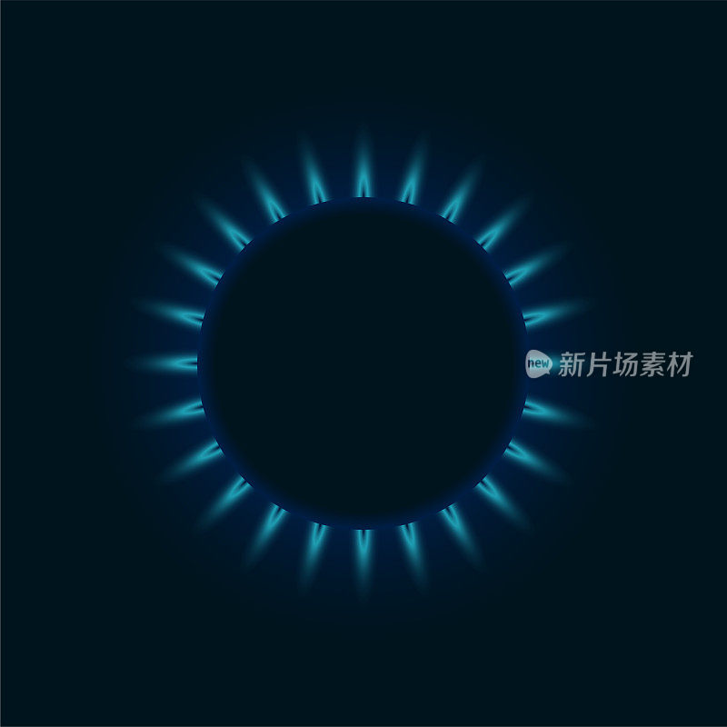 煤气燃烧器蓝色火焰。在厨房炉灶上发光的火环俯视图。燃烧天然丙烷丁烷矢量现实模型在黑暗的背景。每股收益