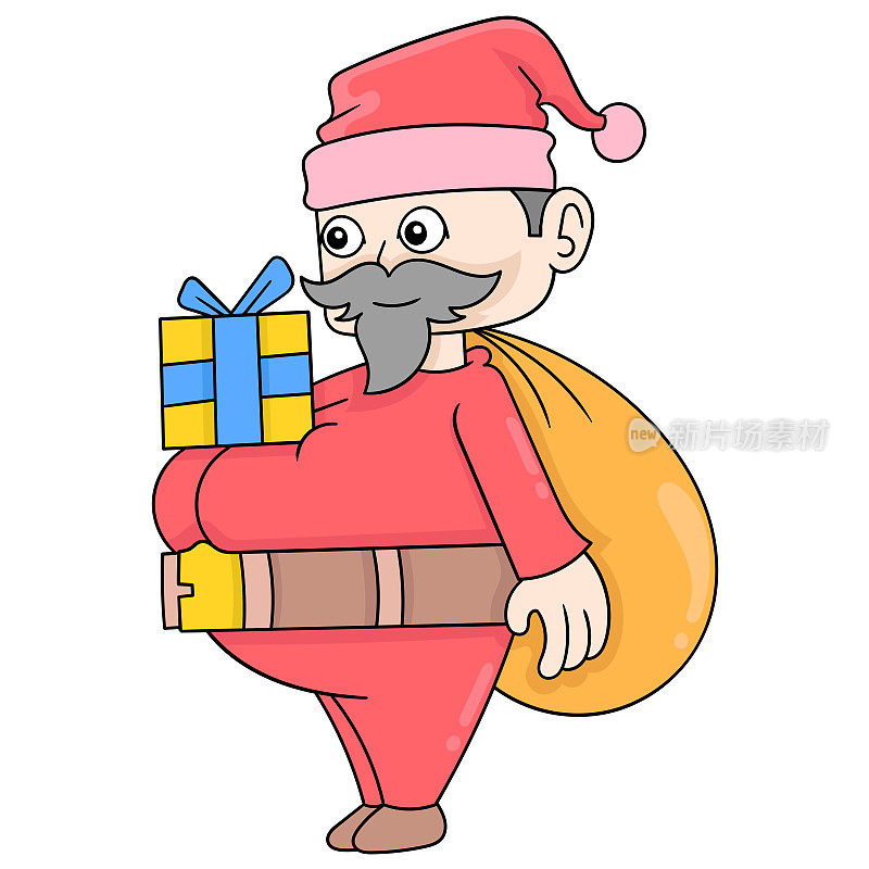 大腹便便的圣诞老人带来圣诞礼物分享，矢量插图艺术。涂鸦图标形象卡哇伊。