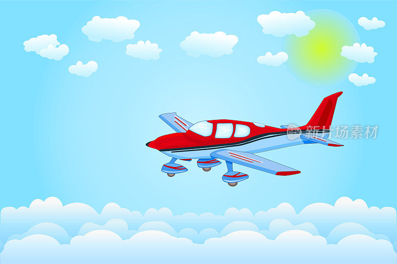 飞机在蓝天中穿过云层。云朵上挂着红色的飞机。