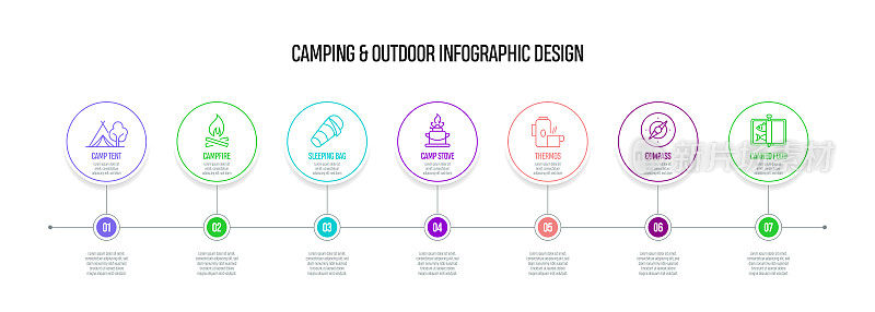 露营和户外概念矢量线信息图形设计图标。7选项或步骤的介绍，横幅，工作流程布局，流程图等。