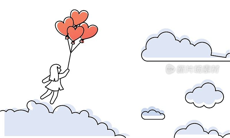 一串心形气球，上面挂着礼物，在云中表达爱和情人节贺卡。